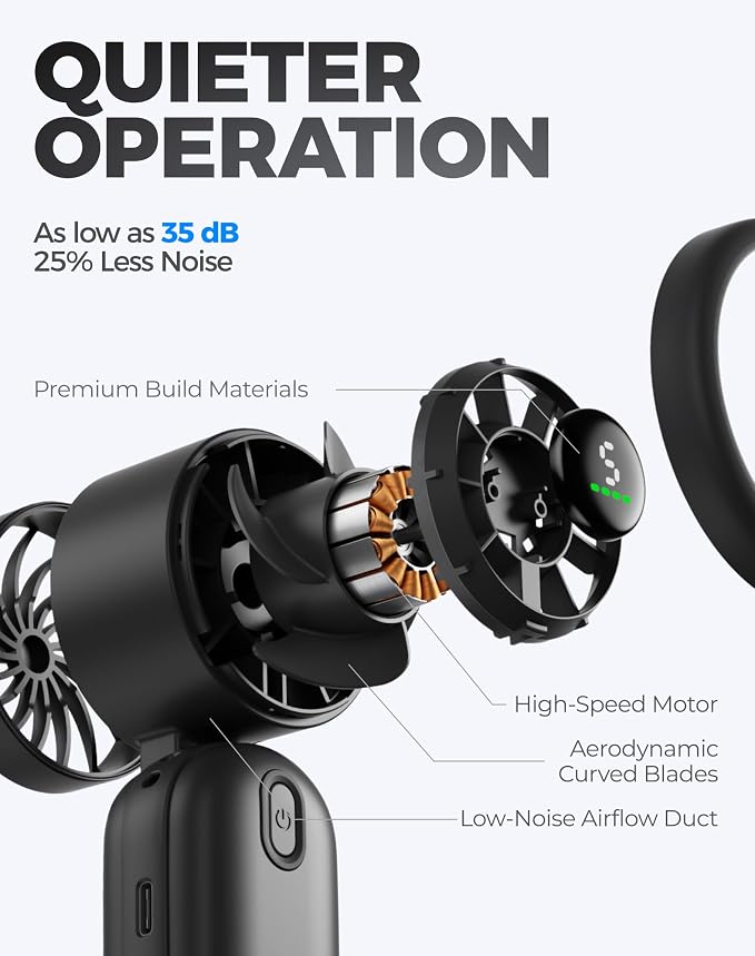 Diveblues Mini Portable Handheld Turbo Fan 27ft/s, 4000mAh Battery | Quiet Motor, 12H Max Cooling, 5 Speeds, LED Display, 3-in-1 Handheld/Neck/Desk Fan for Travel, Cruise & Disney Essentials