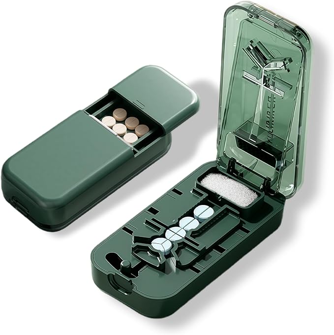 Precision Pill Cutter with Centering Guide - Multi-Angle Tablet Splitter for 1/2, 1/3 & 1/4 Cuts, Includes Pill Crusher & Storage Compartment (Transparent Green)