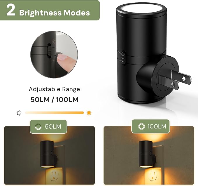 L LOHAS LED Amber Night Light, Yellow Nightlight,Rotating,Dimmable 50/100LM | Plug into Wall, Warm Circadian Nightlight,Light Sensor Nightlight Plug in, Adults Hallway Bedroom Bathroom[Black Shade,4Pack]