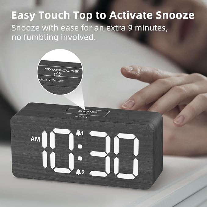 uscce Wooden Digital Alarm Clocks for Bedrooms with 0-100% Dimmable Display | Desk Clock with Large Numbers for Living Room - Loud Dual Alarm for Heavy Sleepers with Volume Control - Wood Decor & Gifts
