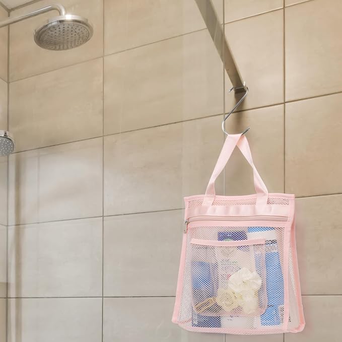 Small Mesh Shower Caddy Portable - Zipper Gym Shower Bag for Travel, Pink | 3 Pockets, Quick-Dry Mesh, S-Hook, Hanging Shower Caddy for Toiletry Essentials, Bathroom & Camping