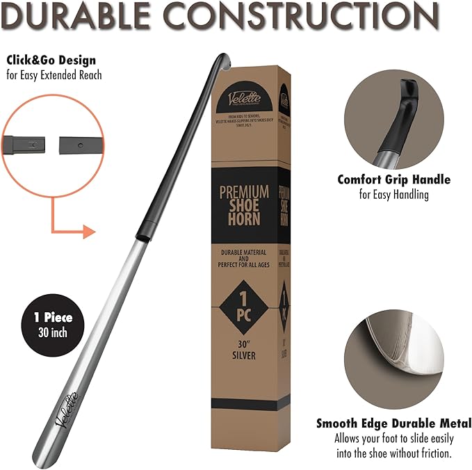 Velette Metal Shoe Horn Long Handle for Seniors - 30" Extra Long Shoe Horn for Women, Men and Kids - Shoehorn, Boot Horns, Shoehorn Long-Handle, Elderly Must Haves - Shoes Spoon, Stick, Helper