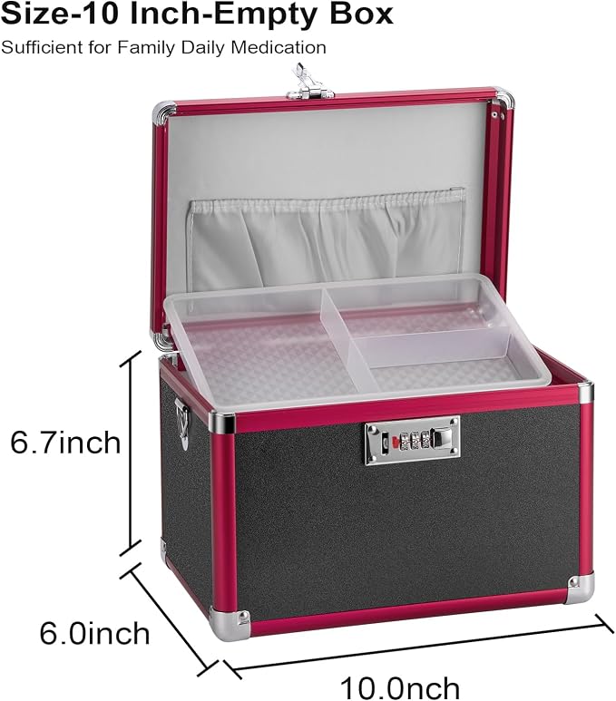 Medicine Lock Box with Combination Lock - 10" Hard Case First Aid Safe Medication Storage with Removable Tray & Pockets for Pills, Home, Car & Outdoor - Black Red [No Strap]
