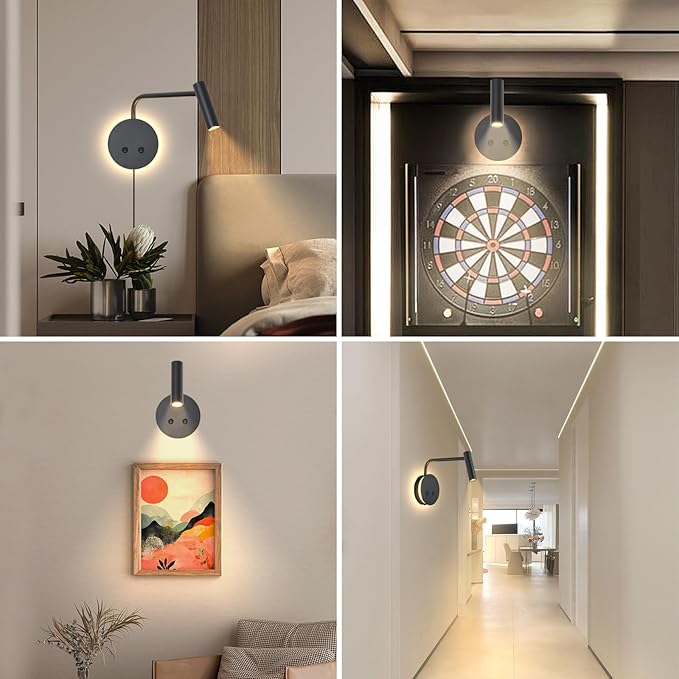 Matte Black Wall Mounted Reading Light, 4000K Flexible Headboard Reading Sconces with On Off Switch Control, Plug in/Hardwired Wall Light Fixtures with Night Light for Bedside Bedroom Bunk