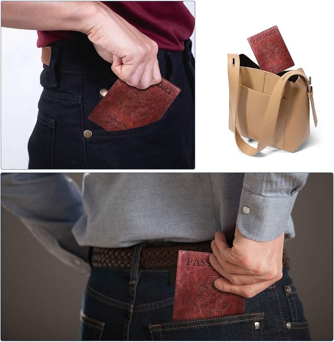 Passport Holder Cover Wallet Case RFID Blocking Leather Card Slot Travel Accessories Documents Organizer Protector for Women Men, Brown