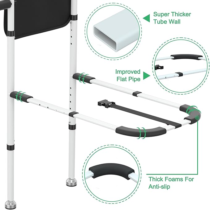 RELIANCER Bed Safety Rail for Elderly Adults w/Support Leg,Dual Handle Assist Grab Bar for Seniors,Adjustable Bedside Support Railings,Bed Side Assist Guard Rails,Bedside Hand Guard Bar Safety Bedrail