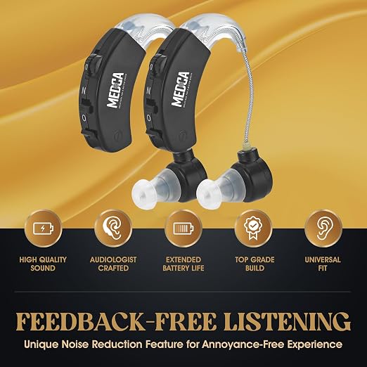 Behind the Ear Sound Amplifier - BTE Hearing Ear Amplification Device and Digital Hearing Aids for Seniors PSAD for the Hard of Hearing, Noise Reducing, Black, By MEDca