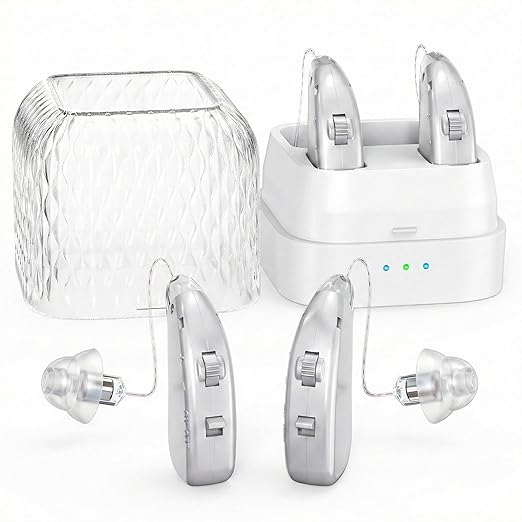 Hearing Aids for Seniors & Adults，Advanced Multi Channel Digital BTE Hearing Assist，AI Powered Speech Enhancement and Tinnitus Masking, Rechargeable 25 Hour Battery Life Adjustable Volume Control