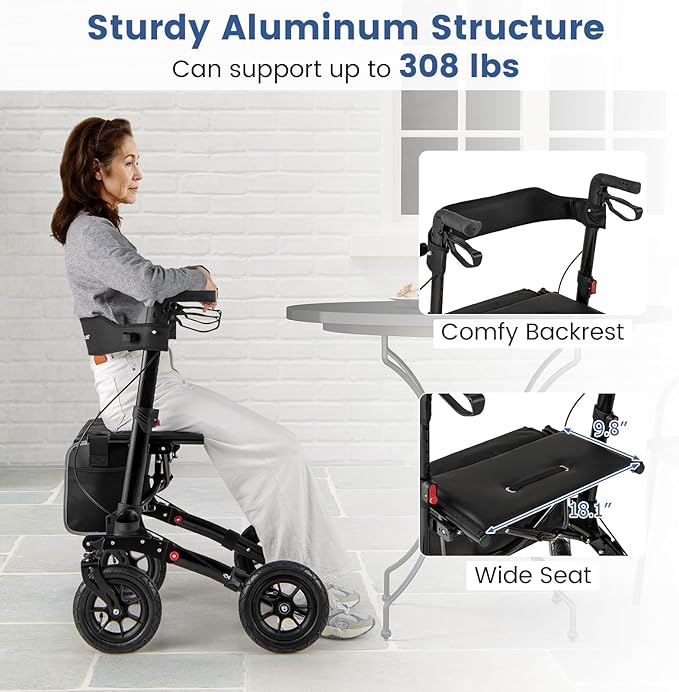 Goplus Walkers for Seniors with Seat, 2 in 1 Folding Rolling Rollator Walker with 9" Pneumatic Tires for All Terrain, Height Adjustment, Ergonomic Backrest, Aluminum Adult Mobility Walking Aid