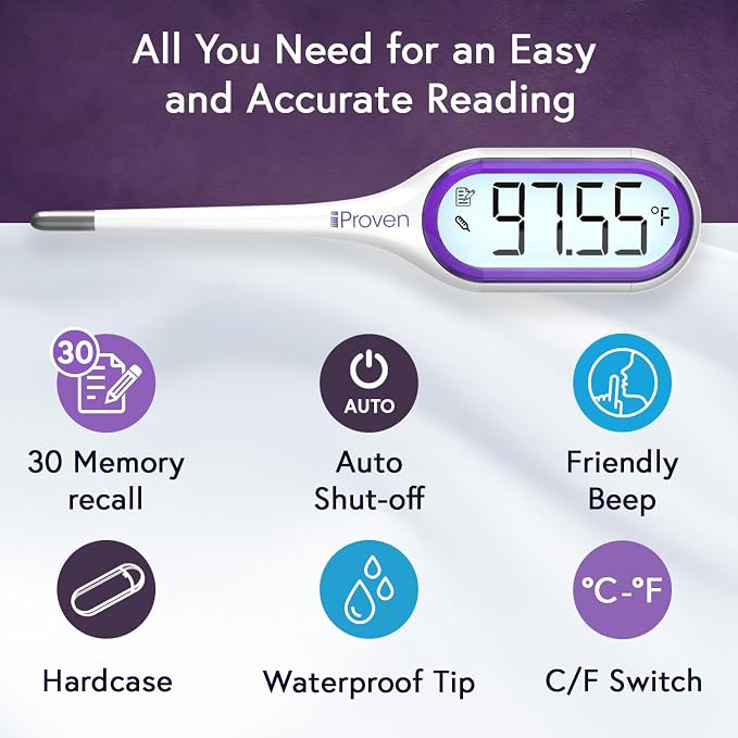 iProven Basal Body Thermometer, Easy to Use with Backlight & Big Digits | 1/100 Degree High Precision, BBT for Ovulation Tracking, 30 Memory Recall, Accurate Fertility Temperature Tracker