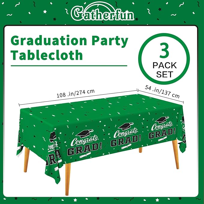 Gatherfun Graduation Party Decorations, Gongrats Grad Tablecover for Graduation Party Supplies, 3 pcs Green Table Cloths, 54"x108"