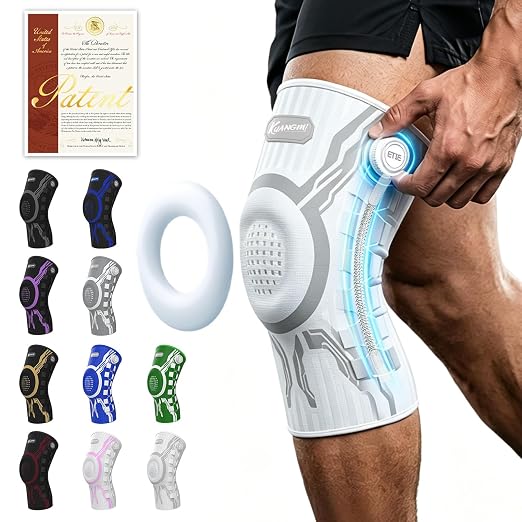 Kuangmi Knob Knee Brace for Pain Relief, Knee Support with Patella Gel Pad & Side Stabilizers, Compression Knee Sleeve for Workout, Arthritis, Joint Pain, Meniscus Tear (White,Left,X-Large,Single)