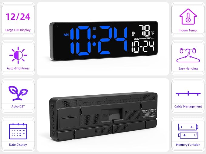 Large LED Digital Wall Clock with Date, Temperature, Auto-Brightness, Auto-DST | Big Digital Clock for Bedroom, Desk, Classroom, Living Room, Kitchen, Office, Gym, Farmhouse, Xmas Gift for Seniors