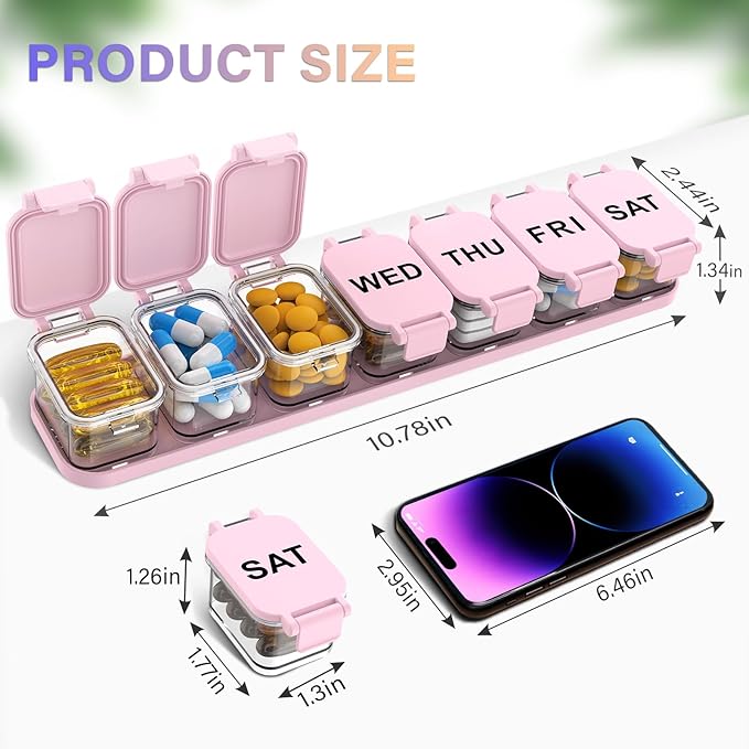 2-Pack Extra Large Weekly Pill Organizer, Travel Pill Box 7 Days, XL Vitamin Holder with 7 Detachable Compartments, Daily Pill Case for Home and Travel