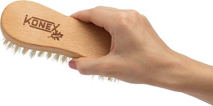 KONEX Nylon Fiber Economy Utility Cleaning Hand Brush | Heavy Duty Hand-Held Scrub Brush Stiff Bristles | Wooden Body, Ideal Scrub Brushes for Cleaning (Peanut Shaped) (Pack of 2)