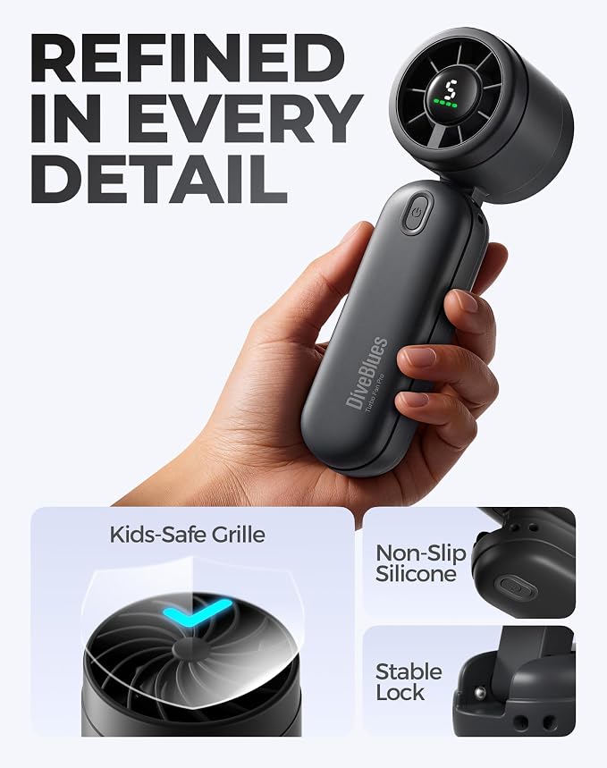Diveblues Mini Portable Handheld Turbo Fan 27ft/s, 4000mAh Battery | Quiet Motor, 12H Max Cooling, 5 Speeds, LED Display, 3-in-1 Handheld/Neck/Desk Fan for Travel, Cruise & Disney Essentials