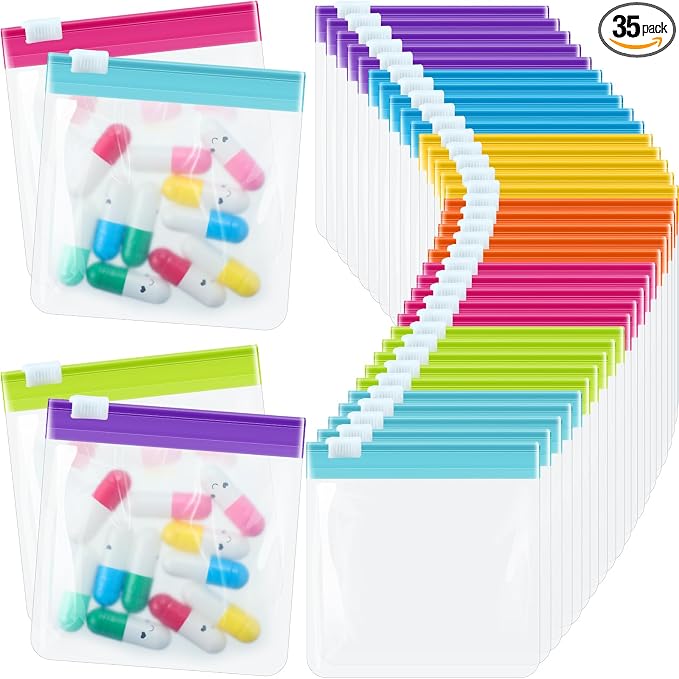 Sherr 35 Pcs Pill Pouch Bags with Zipper Pill Pouch Set Travel Reusable Translucent Medicine Organizer Self Sealing Plastic Bag with Slide Lock for Storage(Bright Colors,3 x 3 Inch,Blank Style)