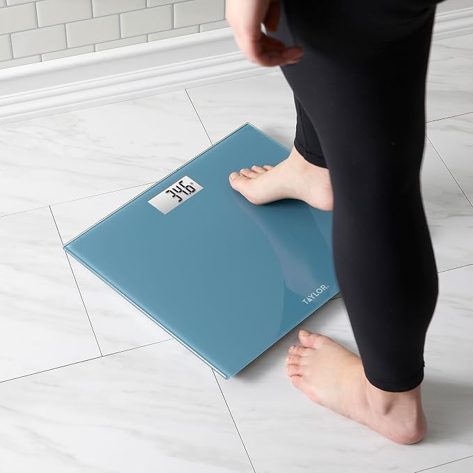 Taylor Digital Bathroom Scale for Body Weight, Extra-Wide 13x15 Slate Blue Glass Platform, Step-On Technology, Easy-Read Backlit Display, High Capacity, 5-Year Warranty