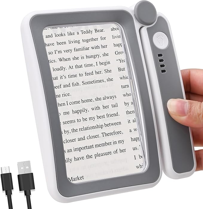 Rechargeable LED Magnifying Glass for Reading Books, Bible & Small Print, 4X Optical-Grade Rectangular Lens with 3 Adjustable Brightness Levels, USB-C Foldable Magnifier Gift for Seniors, Low Vision