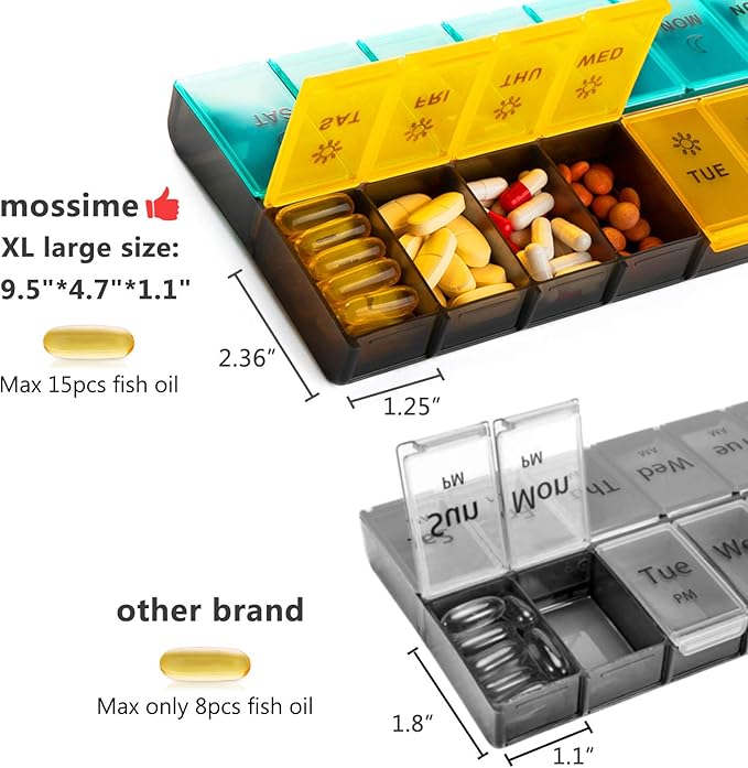 Mossime XL Large Daily Pill Organizer 2 Times a Day, Extra 7 Day Pill Box Am Pm, Weekly Day Night Vitamin Holder, Medicine Organizer, Big Pill Container, Medication Dispenser 14 Compartments