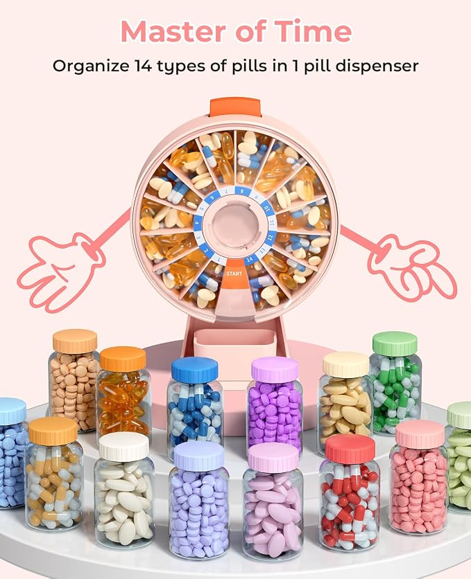 Daviky Daily Pill Dispenser, Large Capacity 14-Day Pill Organizer Box | Push Button Dispensing, Easy Open, Wall-Mounted or Standing, 14 Compartments, Senior-Friendly, for Medication & Vitamins