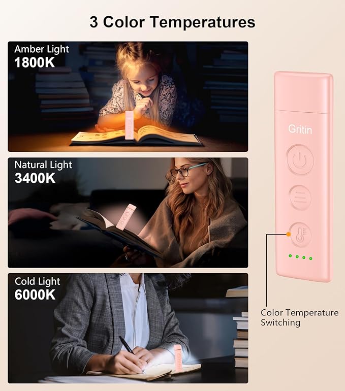 Gritin Book Light Rechargeable, Clip on LED Reading Light for Books in Bed | Eye Caring 3-Color & 5-Brightness, Stepless Dimming, Long Lasting, Compact Size Flexible Book Lamp for Bookworms-Pink