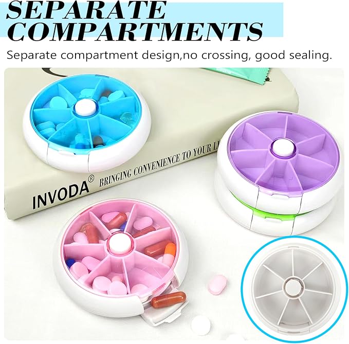 Pill Organizer Weekly 3PCS,INVODA Pill Case 7 Day 3 Times Medicine Pill Dispenser,Push Button Rotate Pill Planner with 7 Compartments