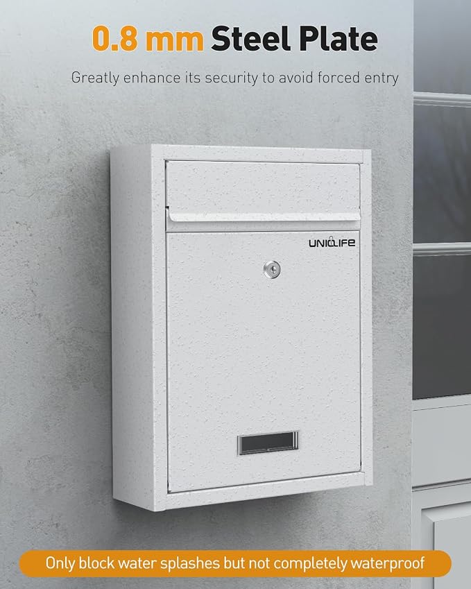 Uniclife Wall Mount Mailbox for Outside, Locking Mail Box, White | Large Mailbox with Key Lock, Security Mail Box for House, Safe Key Drop Box, Steel Cash Drop Box for Home Office School