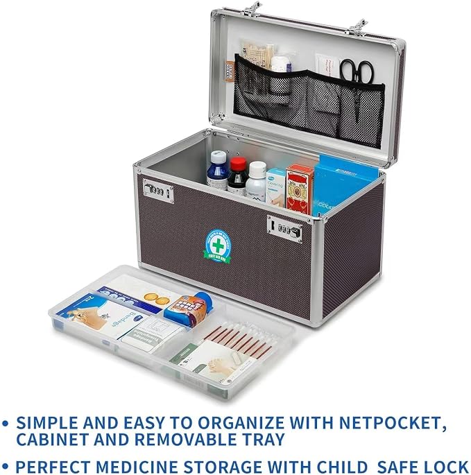 Lockable Medication Box with Portable Storage Case, 15''x 8.7''x 9.3'', Childproof Medicine Lock Organizer, Lockbox for Documents & Valuables (BROWN)