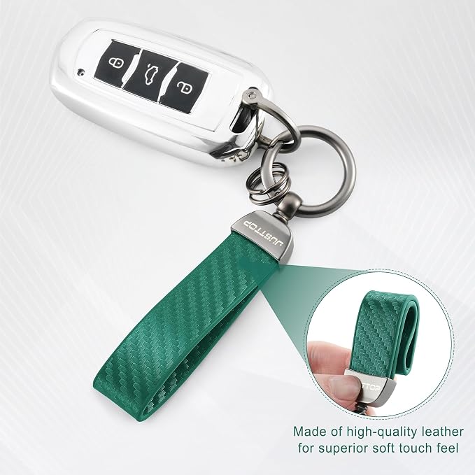 JUSTTOP Leather Keychain, Carbon Fiber Car Key Chain with Anti-Lost D-Ring and 2 Key Ring, Keychain Wristlet, Car Accessories, Universal Keychain for Men and Women (Green)