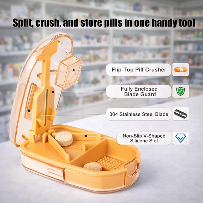 Pill Cutter and Crusher, Tablet Splitter for Small and Tiny Pills, Pill Storage and Built-in Cleaning Brush, for Small and Large Pills, Vitamins and Medications with Safety Blade Guard– Orange