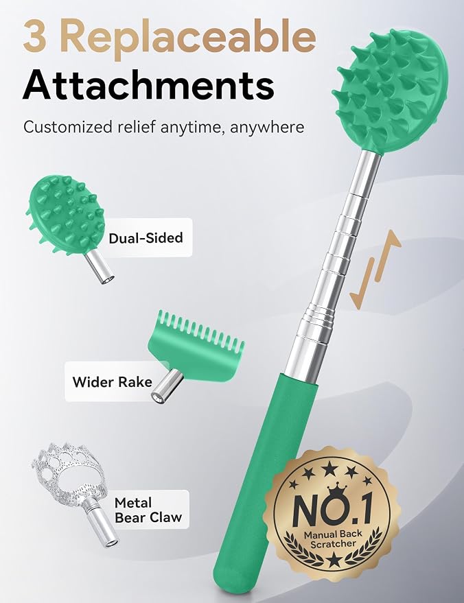 Telescoping Back Scratcher with 5 Detachable Heads, Gift for Men Cyan | 10-30" Reach, Stainless Steel Pole, Rubber Grip, Christmas Stocking Stuffers, White Elephant, Anniversary and Birthday Gift