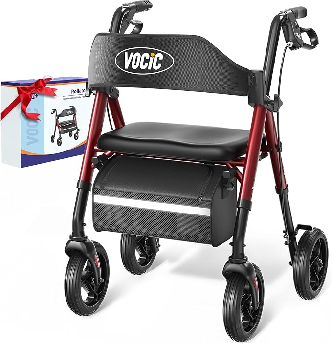 VOCIC Z21 Rollator Walker for Seniors with Seat, 8" All Terrain, 350 LBS | Lightweight Foldable & Dual Height Adjustable for Seniors, Ergonomic Arc Seat&6" Ultra Backrest Provide Comfort, Red