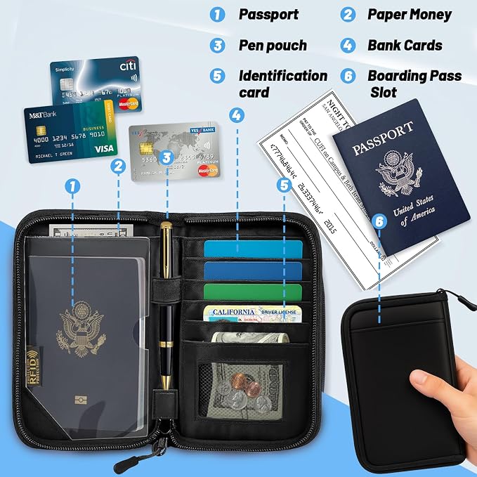 Passport Holder for Travel, RFID Blocking Wallet for Couples Men and Family | Multi-compartment organizer holds passports, cards, tickets, IDs and cash for women, couples and international family travel
