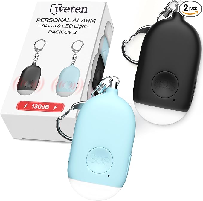 Weten Rechargeable Personal Alarm Keychain - 130dB Siren & LED Light - 2 Pack Personal Safety Alert for Women to Carry - Panic Button Alarm for Security - Rape Whistle for Self Defense (Black&Blue)