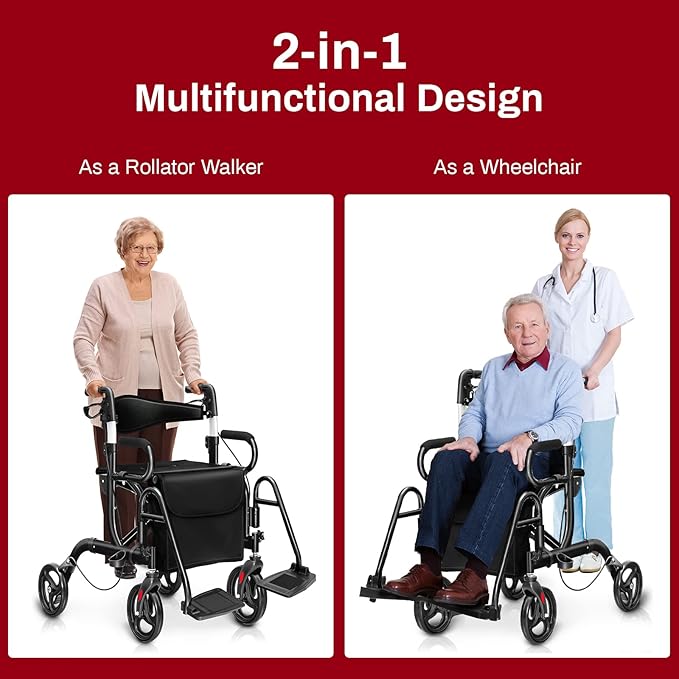 Goplus 2 in 1 Rollator Walker for Seniors, Medical Walker with Seat, Folding Transport Wheelchair Rollator with 8" Wheels, Reversible Backrest, Footrests, Aluminum Mobility Walking Aid (Black)