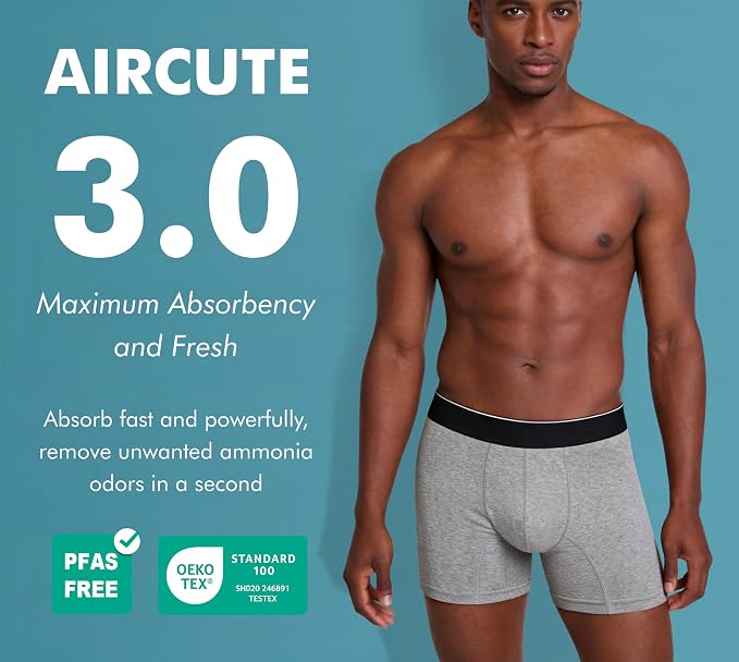 AIRCUTE Washable Absorbency Incontinence Underwear for Men, 6" Inseam Urinary Protective Boxer Briefs for Bladder Leaks 60ML (Medium, Gray)