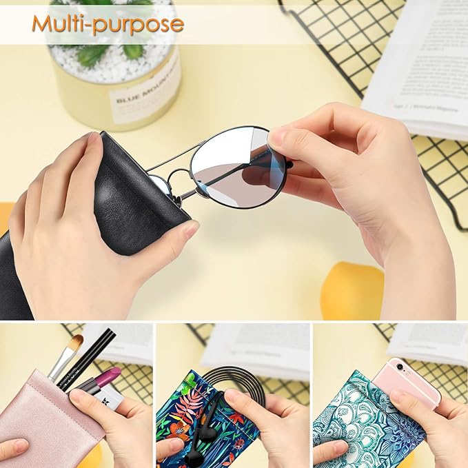 FINTIE Soft Eyeglasses Case with Cleaning Cloth, Portable Squeeze Top Vegan Leather Glasses Pouch, Sunglasses Eyewear Bag
