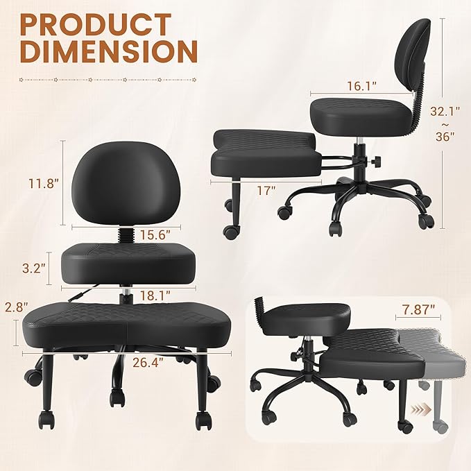 Ergonomic Cross Legged Office Chair with Wheels - Adjustable Height Kneeling Meditation Chairs for ADHD, Yoga & Desk Work - Wide Criss Cross Seat with Lumbar Support, Black