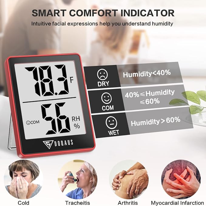 DOQAUS Digital Hygrometer Indoor Thermometer Humidity Meter, Red | Mini Room Thermometer, 5s Fast Refresh, Accurate Temperature and Humidity Monitor for House, Baby Room, Greenhouse, Incubator
