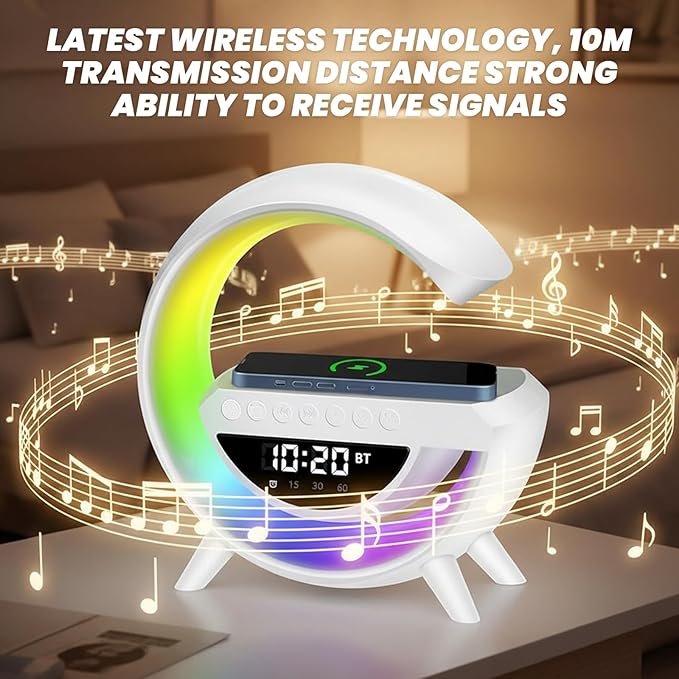 Saker G-Shaped LED Wireless Charging Bluetooth Speaker, 3-in-1 LED Digital Alarm Clock Radio with 13 RGB Lights & Noise, 360° Surround Sound Nightstand Clock with FM Radio for Bedroom Office (White*2)