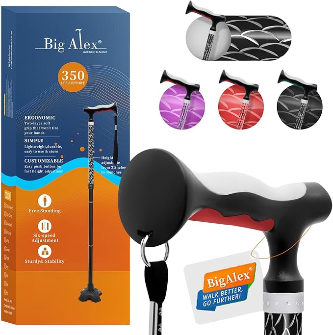 BigAlex Lightweight Collapsible Walking Cane with Soft Comfortable TPR Handle for Seniors and Elderly Adults, Larger Handle for Comfort, Adjustable Support Stick, Portable Travel Aid for Men & Women