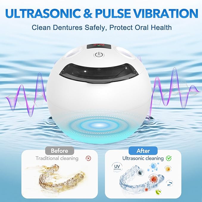 Dental Ultrasonic Retainer Cleaner - 48kHz Dental Cleaning Pod for Denture, Braces, Mouth Guard, Toothbrush Heads, Jewelry, 4 Modes Retainer Cleaner Machine with Digital Timer & 200ML,White