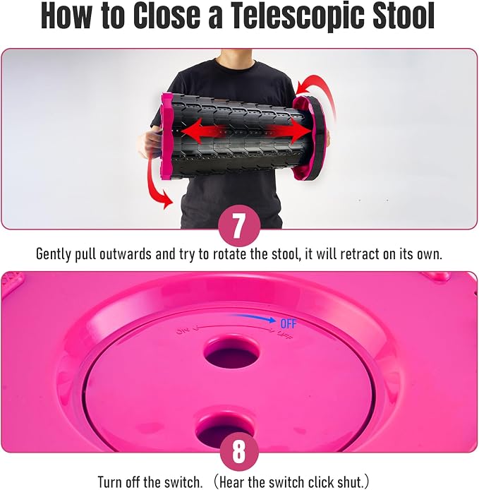 Doseno Collapsible Stool, Portable Stool, Foldable Collapsible Seat, Pink | Retractable foldable stool spans 2.4-17.5 in; portable seat with carry strap for fishing, hiking, camping, BBQ and travel.