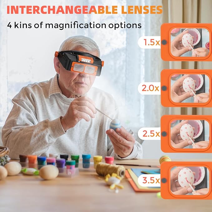 COYLAPY Headband Magnifier with Light, 1.5X-3.5X Magnifying Glasses | Rechargeable Led Light, 4 Lens (1.5x,2x,2.5x,3.5x), Ideal for Close work, Repair, Jewelry, Sewing, Beading, Crafts, Hobby