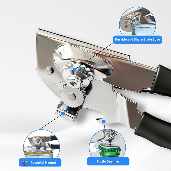 Manual Can Opener for Seniors & Arthritis, Smooth Safe Edge | Effortless long non-slip grips for weak hands. Magnetic lid lifter, fits all standard cans for daily home use.