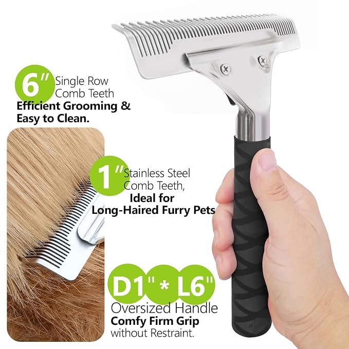 Dog Brush for Shedding, Undercoat Rake for Dogs & Cats, 6" Wide Dual Length Stainless Steel Teeth Deshedding Grooming Brush for Long & Short Haired Pets, Comfort Grip, Easy Clean - Black