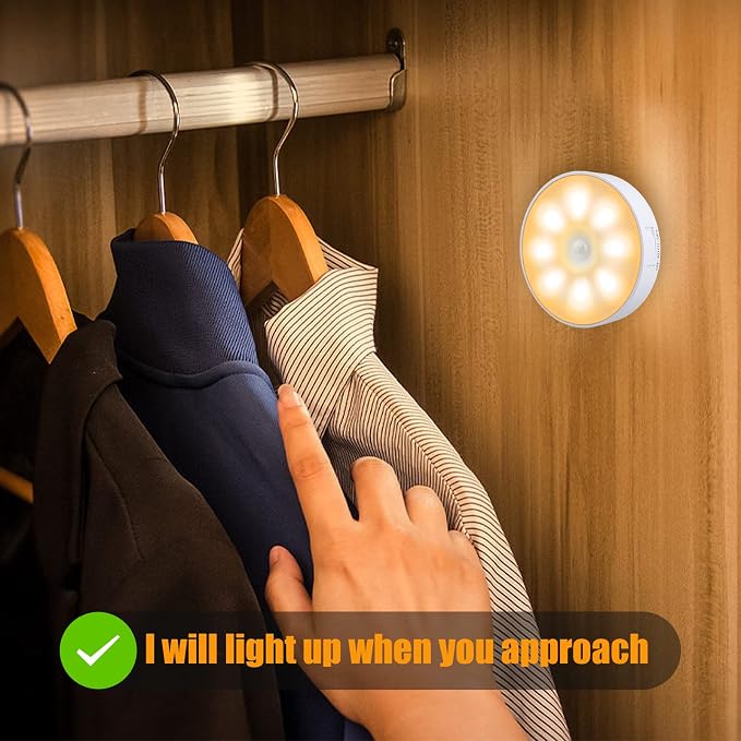Motion Sensor Light Indoor, Night Light(3000K Warm Yellow 6 Pack) | 8 LEDs, USB Rechargeable, 3 Light Modes, 400 mAh Battery, Cordless Magnetic Sticker Nightlight for Stair, Closet, Hallway