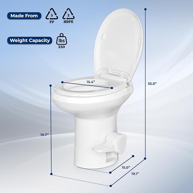 SereneLife RV Gravity Flush Toilet with Foot Pedal and Hand Sprayer | T-Type Full-Bowl Flush Coverage With Odor-Resistant Sealing For RVs, Boats, Campers, Trailers And Marine Bathrooms