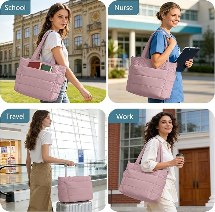Puffer Tote Bag for Women Quilted Nurse Bag Lightweight Work Bag for Teacher Travel Handbag with Multiple Pockets